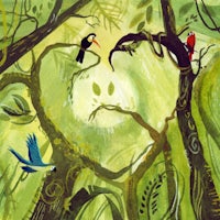 a painting of birds in a forest